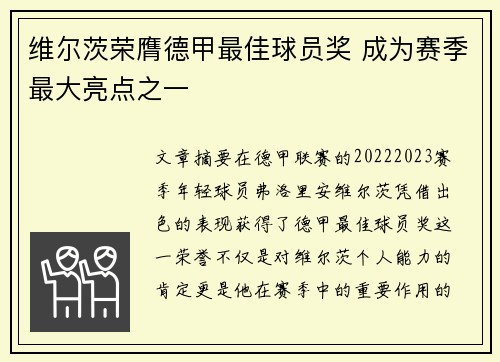 维尔茨荣膺德甲最佳球员奖 成为赛季最大亮点之一