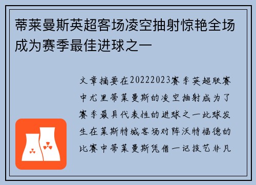 蒂莱曼斯英超客场凌空抽射惊艳全场成为赛季最佳进球之一